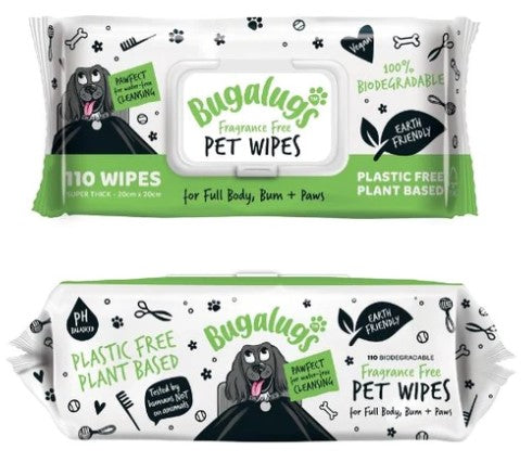 Bugalugs Biodegradable Pet Wipes (110 Large Plastic Free & plant based) Fragrance Free for dogs (excl. 20% VAT)